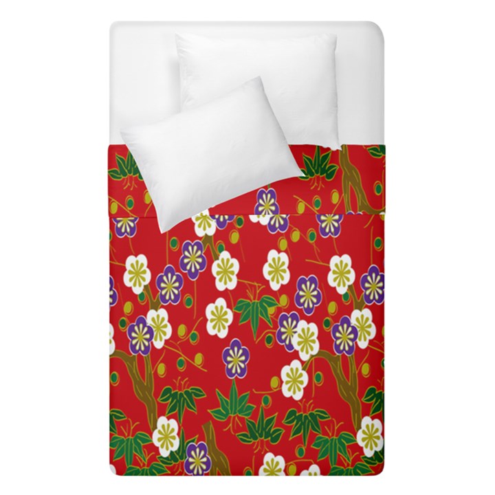 Red Flower Floral Tree Leaf Red Purple Green Gold Duvet Cover Double Side (Single Size)