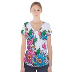 Flowers Pattern Vector Art Short Sleeve Front Detail Top