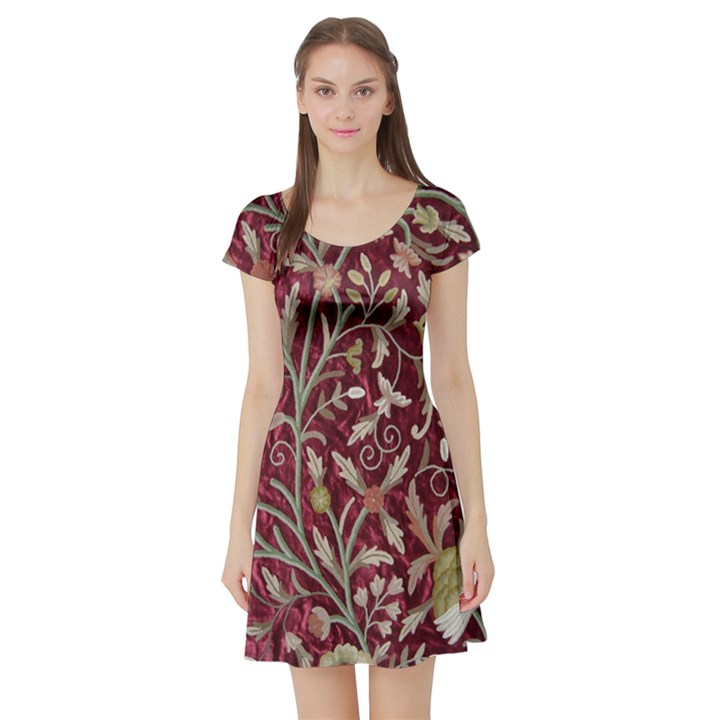 Crewel Fabric Tree Of Life Maroon Short Sleeve Skater Dress