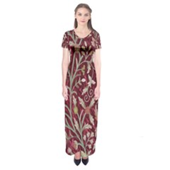 Crewel Fabric Tree Of Life Maroon Short Sleeve Maxi Dress