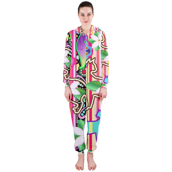 Mandalas, Cats and Flowers Fantasy Digital Patchwork Hooded Jumpsuit (Ladies) 