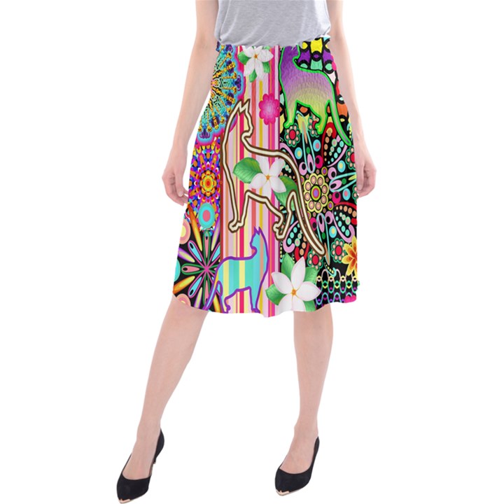 Mandalas, Cats and Flowers Fantasy Digital Patchwork Midi Beach Skirt