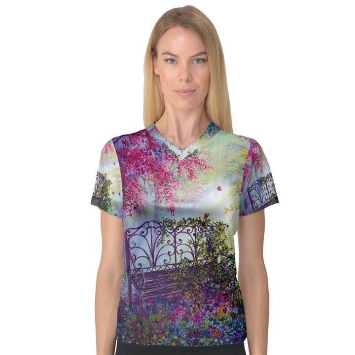 Bench In Spring Forest Women s V-Neck Sport Mesh Tee