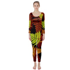 3d Red Abstract Fern Leaf Pattern Long Sleeve Catsuit by Amaryn4rt