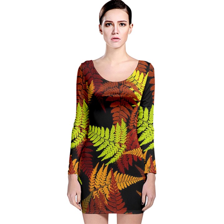 3d Red Abstract Fern Leaf Pattern Long Sleeve Velvet Bodycon Dress