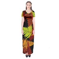 3d Red Abstract Fern Leaf Pattern Short Sleeve Maxi Dress