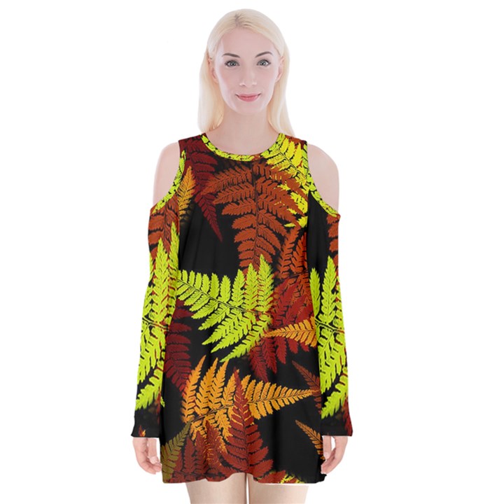 3d Red Abstract Fern Leaf Pattern Velvet Long Sleeve Shoulder Cutout Dress