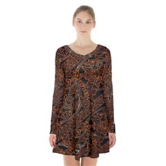 Art Traditional Indonesian Batik Pattern Long Sleeve Velvet V-neck Dress by Amaryn4rt