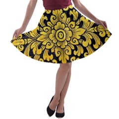 Flower Pattern In Traditional Thai Style Art Painting On Window Of The Temple A-line Skater Skirt by Amaryn4rt