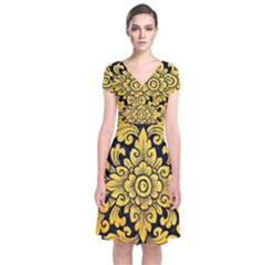 Flower Pattern In Traditional Thai Style Art Painting On Window Of The Temple Short Sleeve Front Wrap Dress by Amaryn4rt