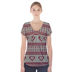 Stitched Seamless Pattern With Silhouette Of Heart Short Sleeve Front Detail Top