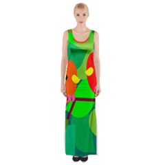 Animals Birds Red Orange Green Leaf Tree Maxi Thigh Split Dress by Alisyart