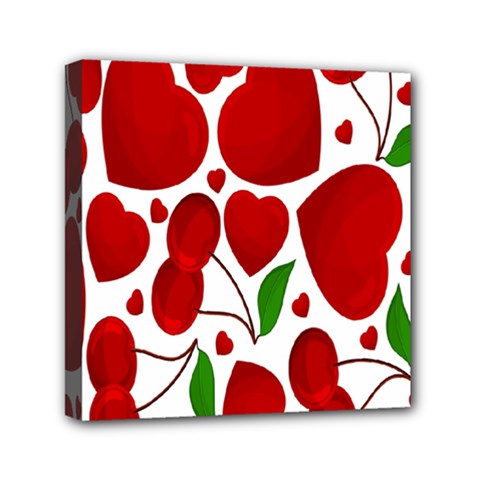 Cherry Fruit Red Love Heart Valentine Green Mini Canvas 6  X 6 