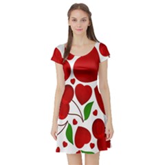 Cherry Fruit Red Love Heart Valentine Green Short Sleeve Skater Dress