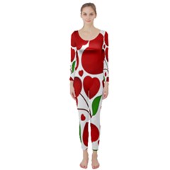 Cherry Fruit Red Love Heart Valentine Green Long Sleeve Catsuit by Alisyart