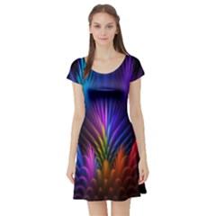 Bird Feathers Rainbow Color Pink Purple Blue Orange Gold Short Sleeve Skater Dress