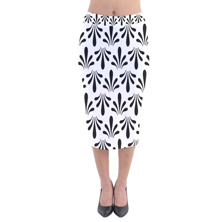 Floral Black White Velvet Midi Pencil Skirt