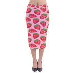 Fruitb Red Strawberries Velvet Midi Pencil Skirt