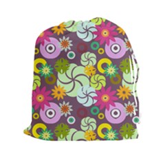 Floral Seamless Rose Sunflower Circle Red Pink Purple Yellow Drawstring Pouches (xxl) by Alisyart