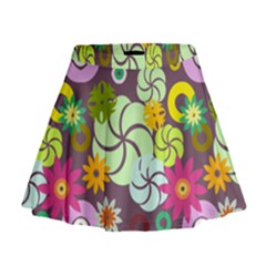 Floral Seamless Rose Sunflower Circle Red Pink Purple Yellow Mini Flare Skirt by Alisyart