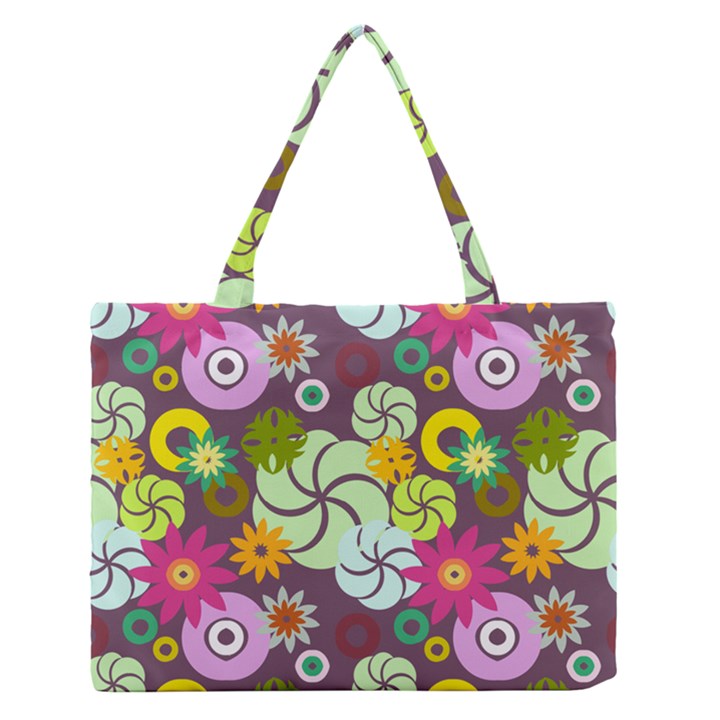 Floral Seamless Rose Sunflower Circle Red Pink Purple Yellow Medium Zipper Tote Bag