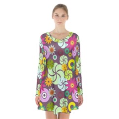 Floral Seamless Rose Sunflower Circle Red Pink Purple Yellow Long Sleeve Velvet V-neck Dress