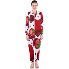 Strawberry Hearts Cocolate Love Valentine Pink Fruit Red Hooded Jumpsuit (ladies)  by Alisyart