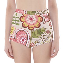 Seamless Texture Flowers Floral Rose Sunflower Leaf Animals Bird Pink Heart Valentine Love High-waisted Bikini Bottoms