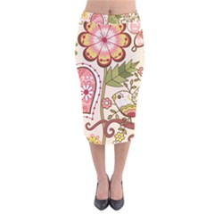 Seamless Texture Flowers Floral Rose Sunflower Leaf Animals Bird Pink Heart Valentine Love Velvet Midi Pencil Skirt