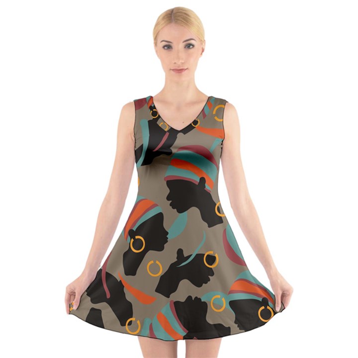 African Women Ethnic Pattern V-Neck Sleeveless Skater Dress