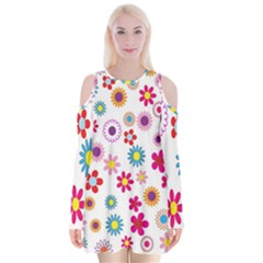 Colorful Floral Flowers Pattern Velvet Long Sleeve Shoulder Cutout Dress