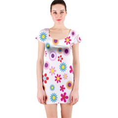 Colorful Floral Flowers Pattern Short Sleeve Bodycon Dress by Simbadda