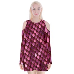 Red Circular Pattern Background Velvet Long Sleeve Shoulder Cutout Dress by Simbadda