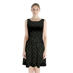 Diamond Green Triangle Line Black Chevron Wave Sleeveless Chiffon Waist Tie Dress