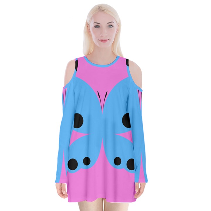 Pink Blue Butterfly Animals Fly Velvet Long Sleeve Shoulder Cutout Dress