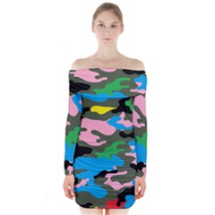 Rainbow Camouflage Long Sleeve Off Shoulder Dress by boho