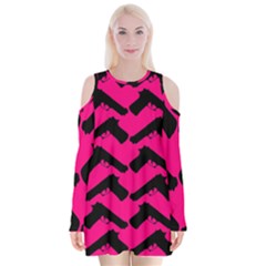 Pink Gun Velvet Long Sleeve Shoulder Cutout Dress