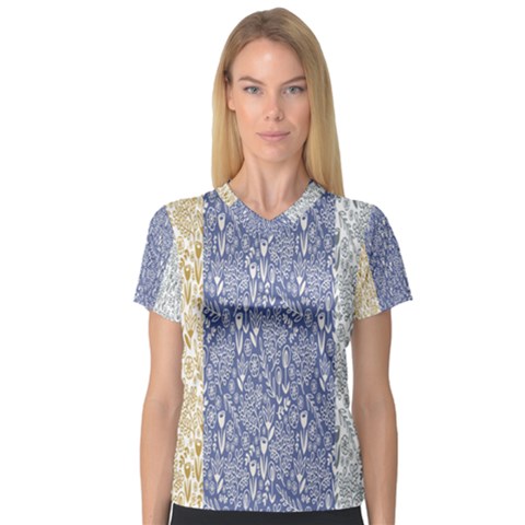 Flower Floral Grey Blue Gold Tulip Women s V-neck Sport Mesh Tee by Alisyart