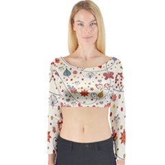 Spring Floral Pattern With Butterflies Long Sleeve Crop Top