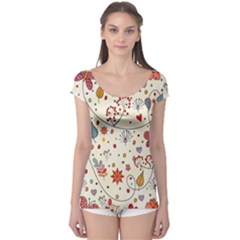 Spring Floral Pattern With Butterflies Boyleg Leotard 