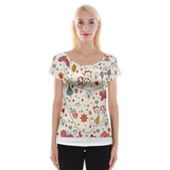 Spring Floral Pattern With Butterflies Women s Cap Sleeve Top