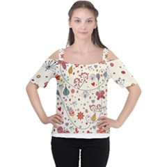 Spring Floral Pattern With Butterflies Women s Cutout Shoulder Tee