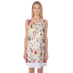 Spring Floral Pattern With Butterflies Sleeveless Satin Nightdress