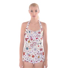 Spring Floral Pattern With Butterflies Boyleg Halter Swimsuit 