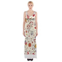 Spring Floral Pattern With Butterflies Maxi Thigh Split Dress