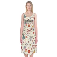 Spring Floral Pattern With Butterflies Midi Sleeveless Dress