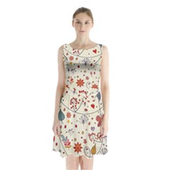 Spring Floral Pattern With Butterflies Sleeveless Chiffon Waist Tie Dress