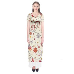 Spring Floral Pattern With Butterflies Short Sleeve Maxi Dress