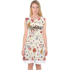 Spring Floral Pattern With Butterflies Capsleeve Midi Dress