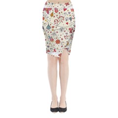 Spring Floral Pattern With Butterflies Midi Wrap Pencil Skirt